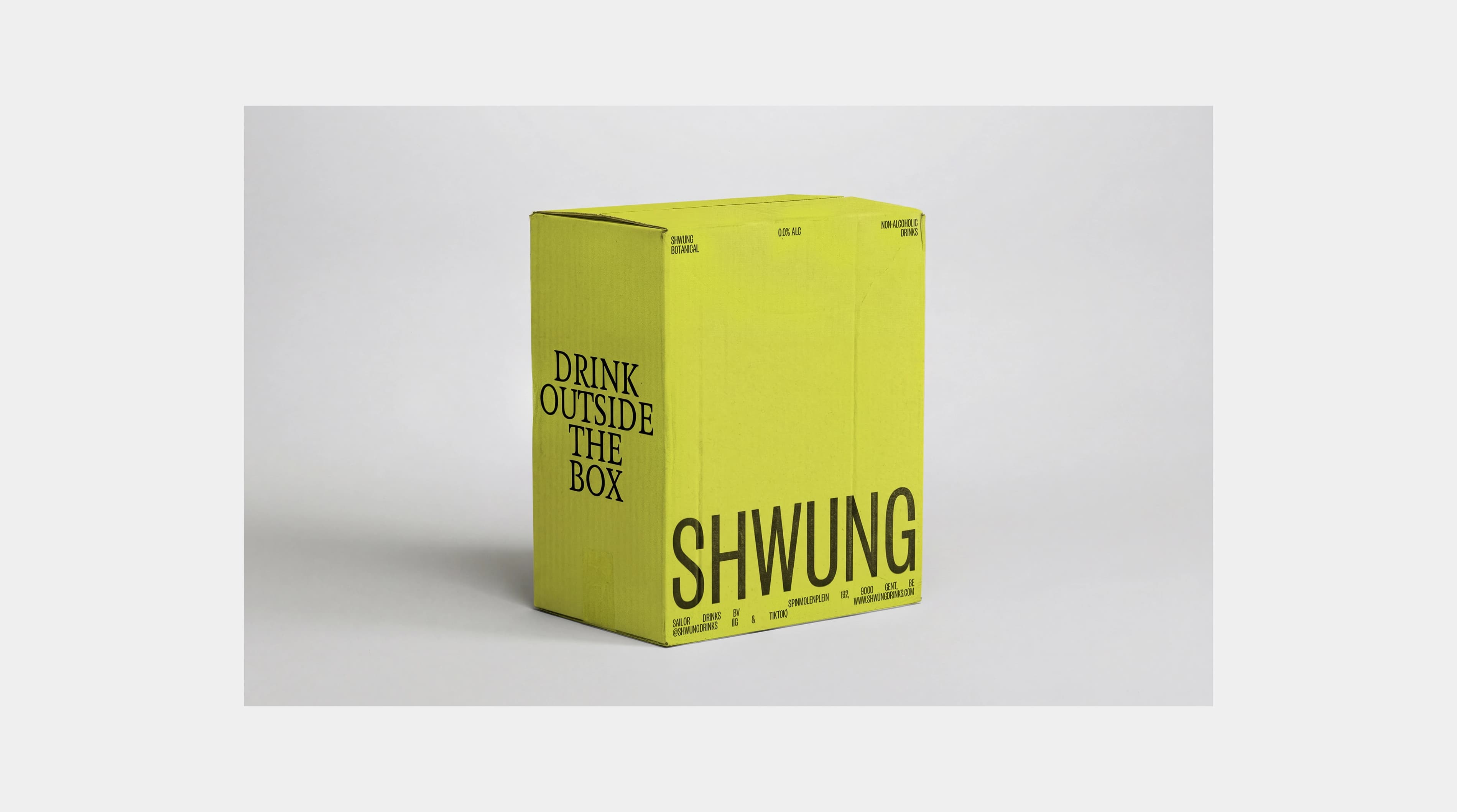 Close-up of a Shwung branded box showing the yellow-green packaging with the full identity system.