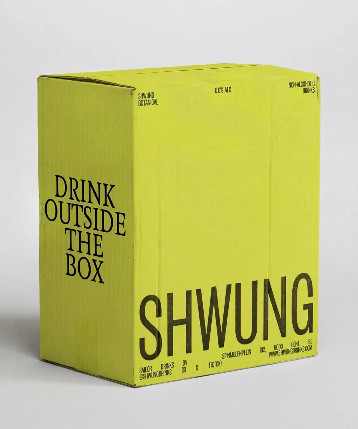 Close-up of a Shwung branded box showing the yellow-green packaging with the full identity system.