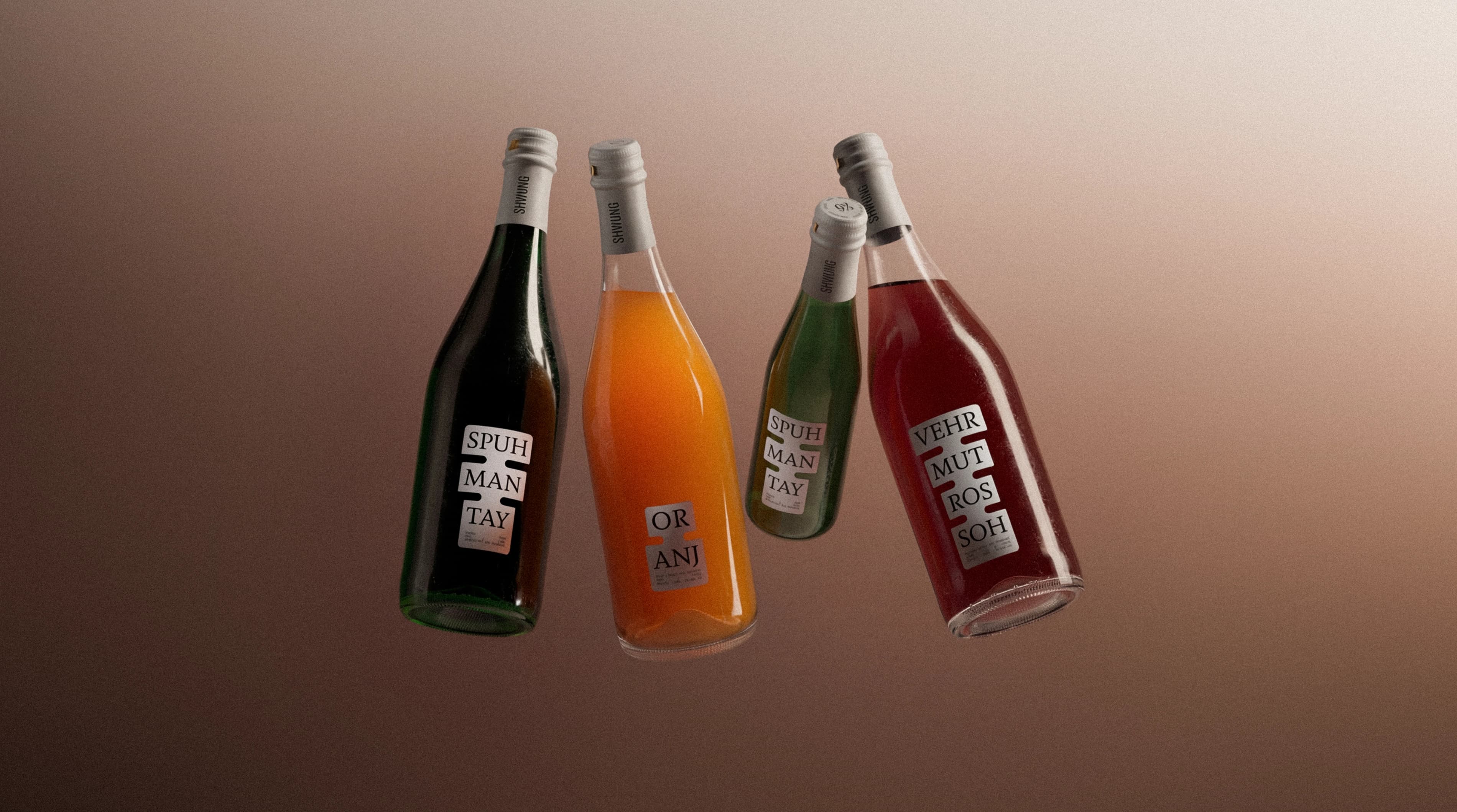 Four Shwung wine bottles hanging from a rack against a yellow-green background, showing the label system in context.