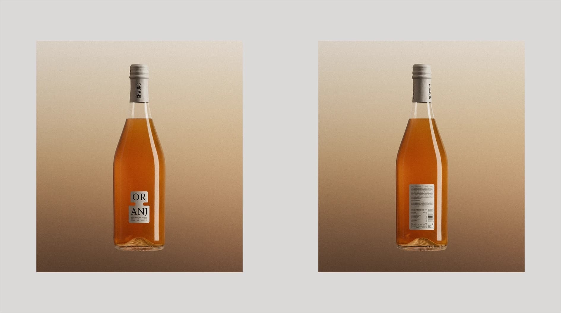 Two Shwung bottles side by side showing the full label design with the "OR-ANJ" varietal naming system.