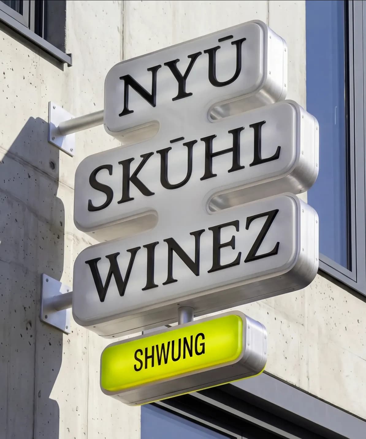 Shwung signage on a building facade reading "NYU SKUHL WINEZ", showing the identity applied to environmental graphics.