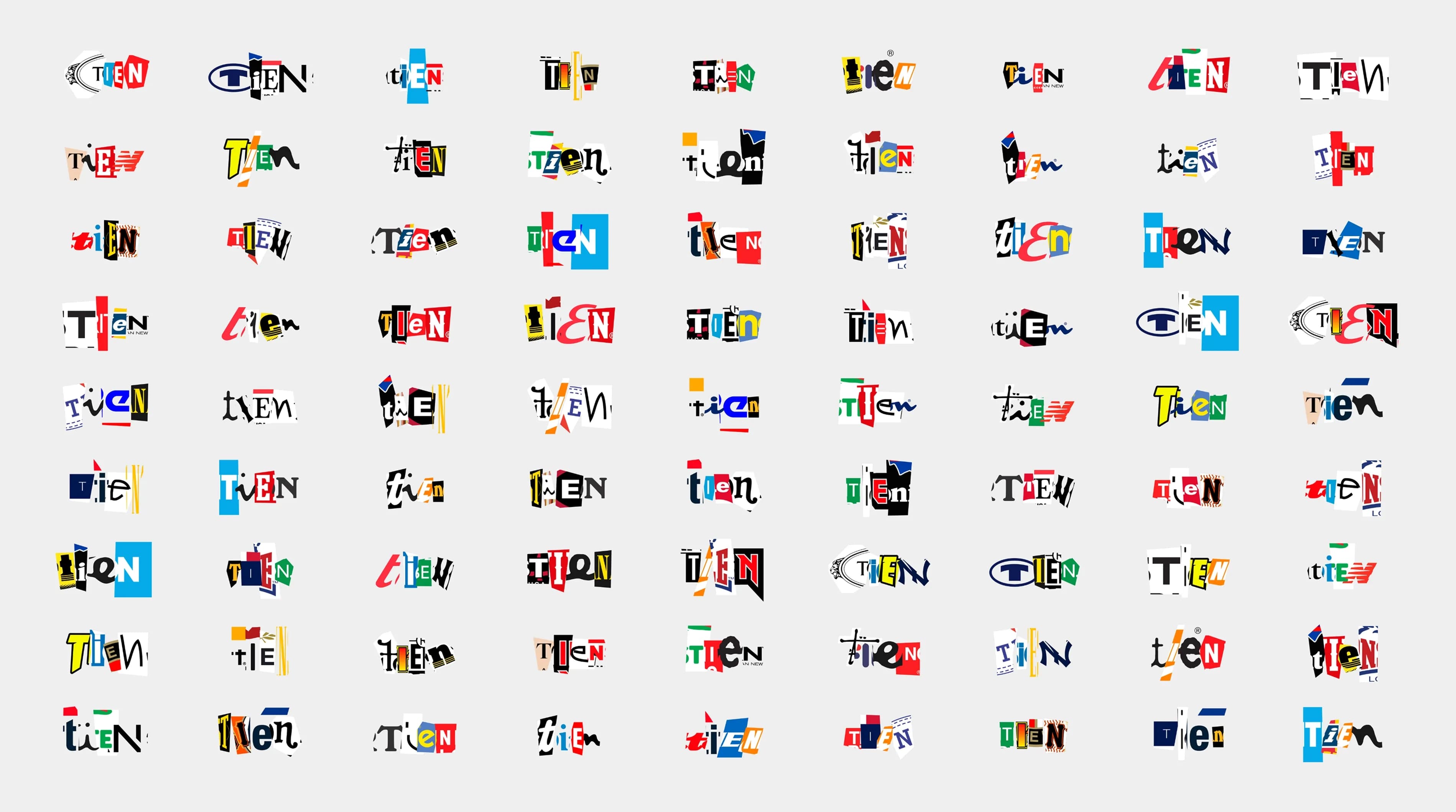 Grid of 63 TIEN wordmark variations, each one assembled from a different combination of letters cut from existing brand logos, demonstrating the scale and range of the identity system.