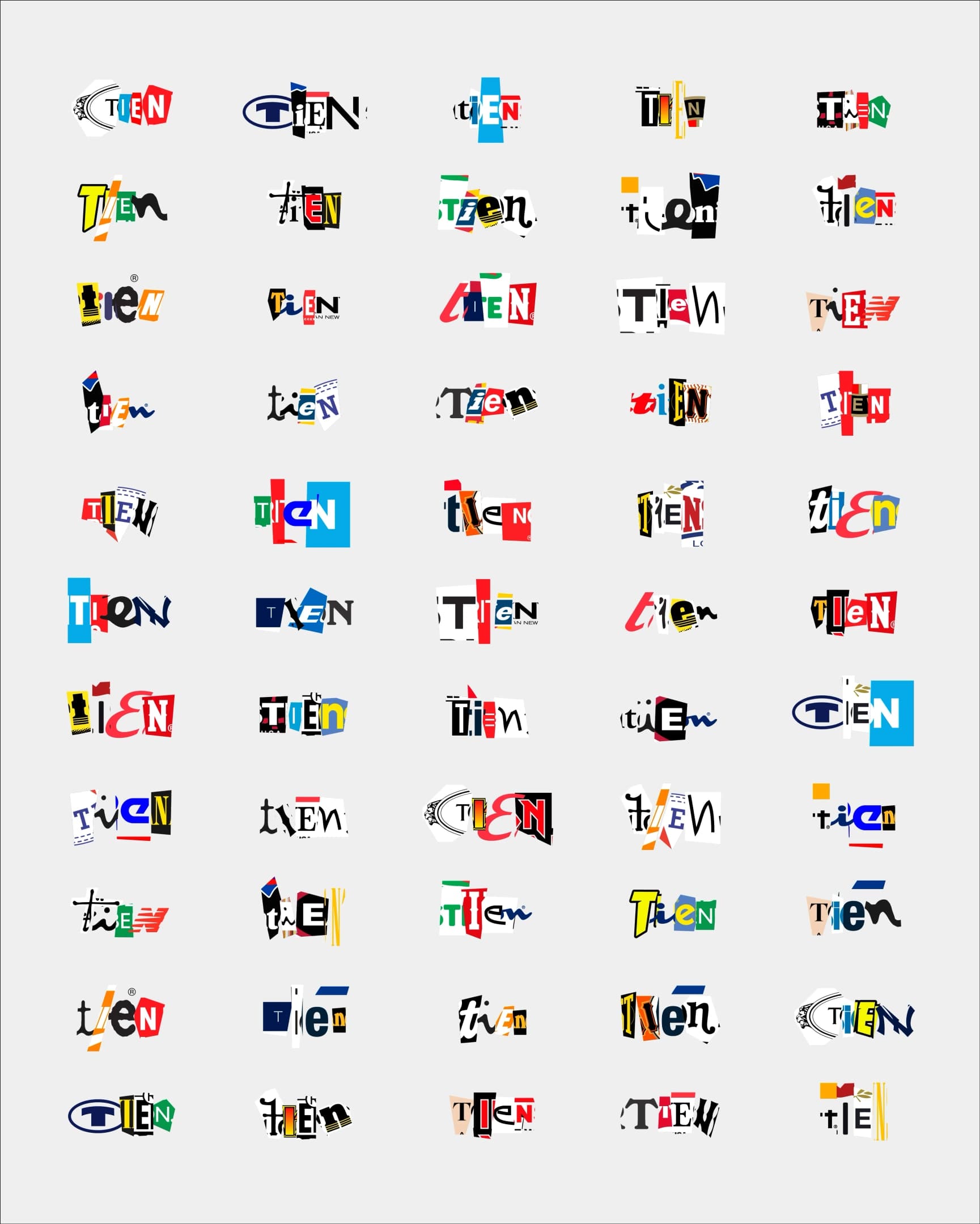Grid of 63 TIEN wordmark variations, each one assembled from a different combination of letters cut from existing brand logos, demonstrating the scale and range of the identity system.