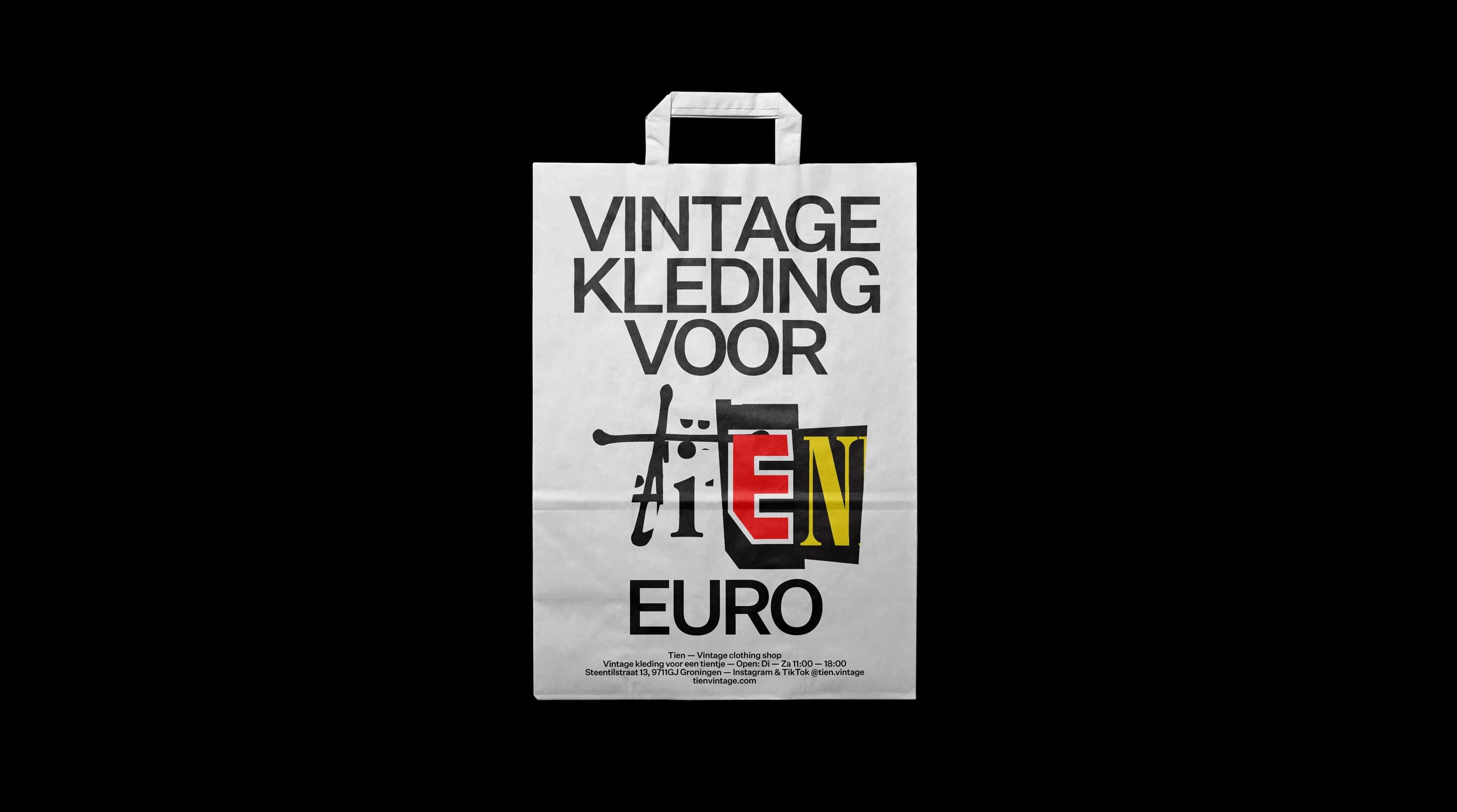 White paper shopping bag printed with "VINTAGE KLEDING VOOR TIEN EURO" in bold black type. The TIEN wordmark is assembled from letters cut from existing brand logos, each in its original color.