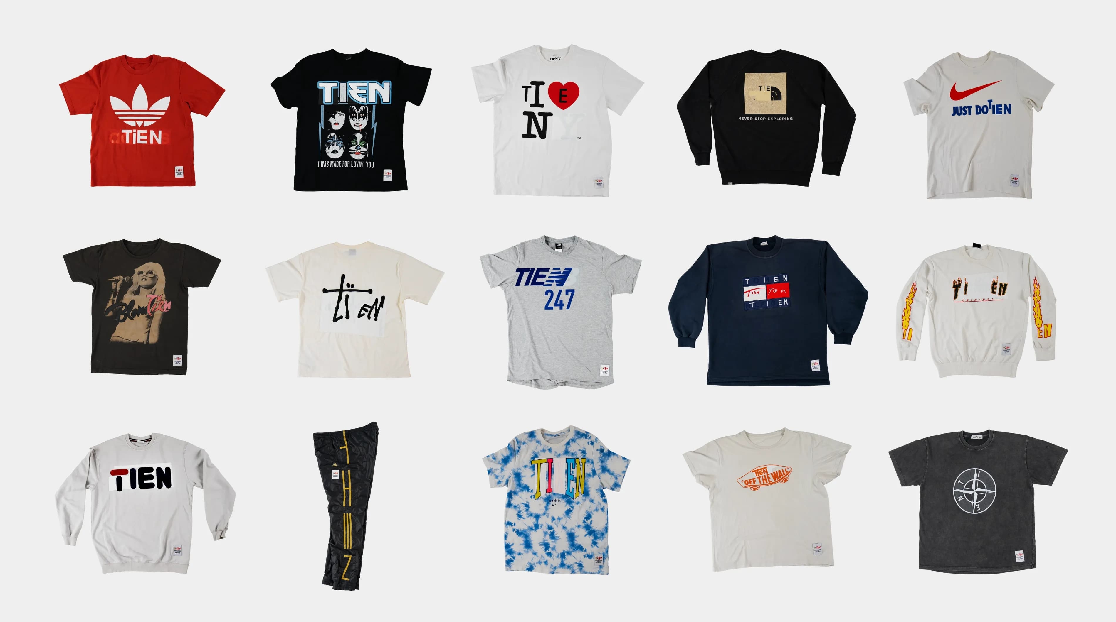 Grid of 15 vintage garments reworked for the TIEN identity, including pieces from Adidas, Kiss, The North Face, Nike, Blondie, Stüssy, New Balance, Tommy Hilfiger, Vans, and Stone Island, each with the original brand name replaced by TIEN.