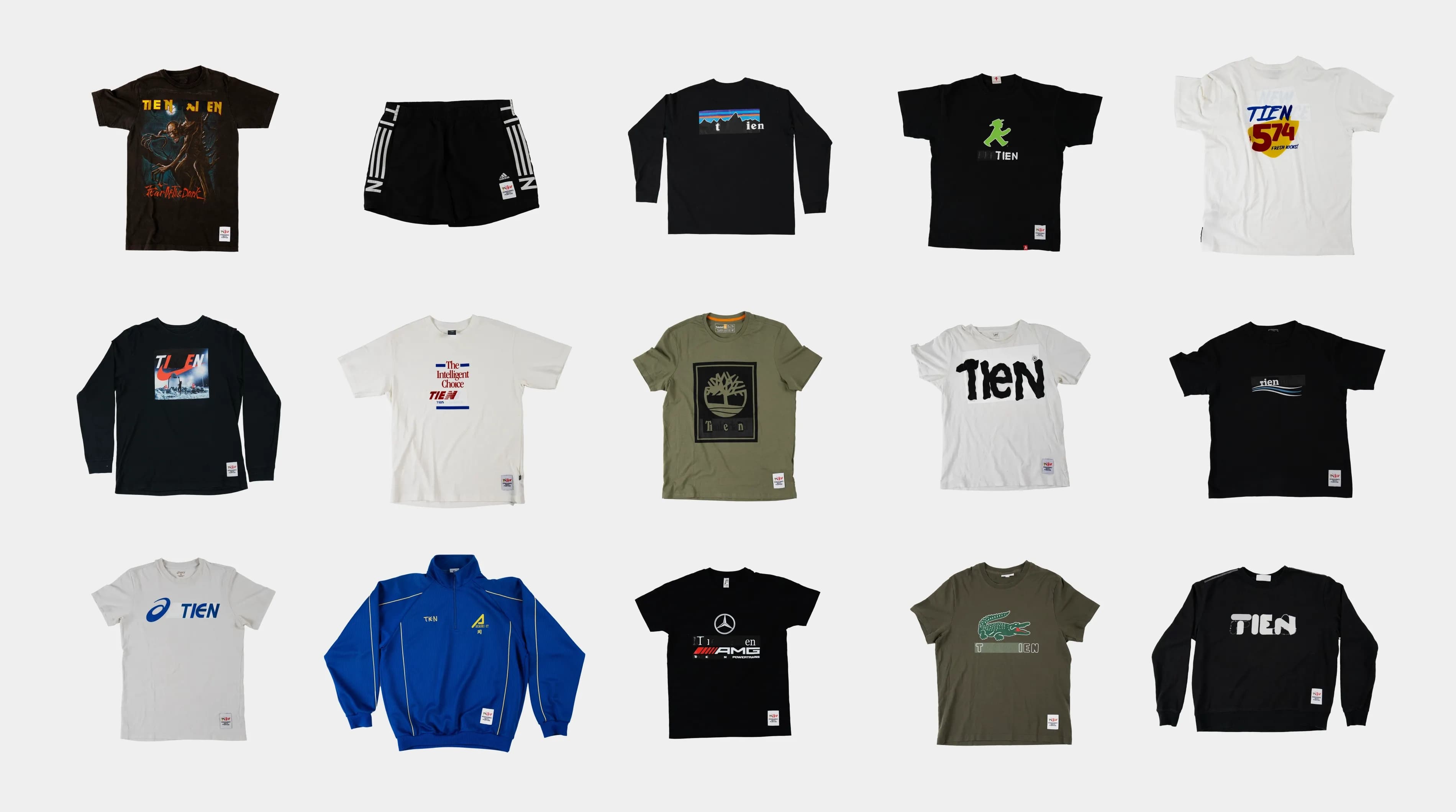 Grid of 15 more vintage garments reworked for the TIEN identity, including pieces from Adidas, Patagonia, Nike, New Balance, New Balance 574, Timberland, Lacoste, Asics, Mercedes AMG, and others, each with the original brand name replaced by TIEN.