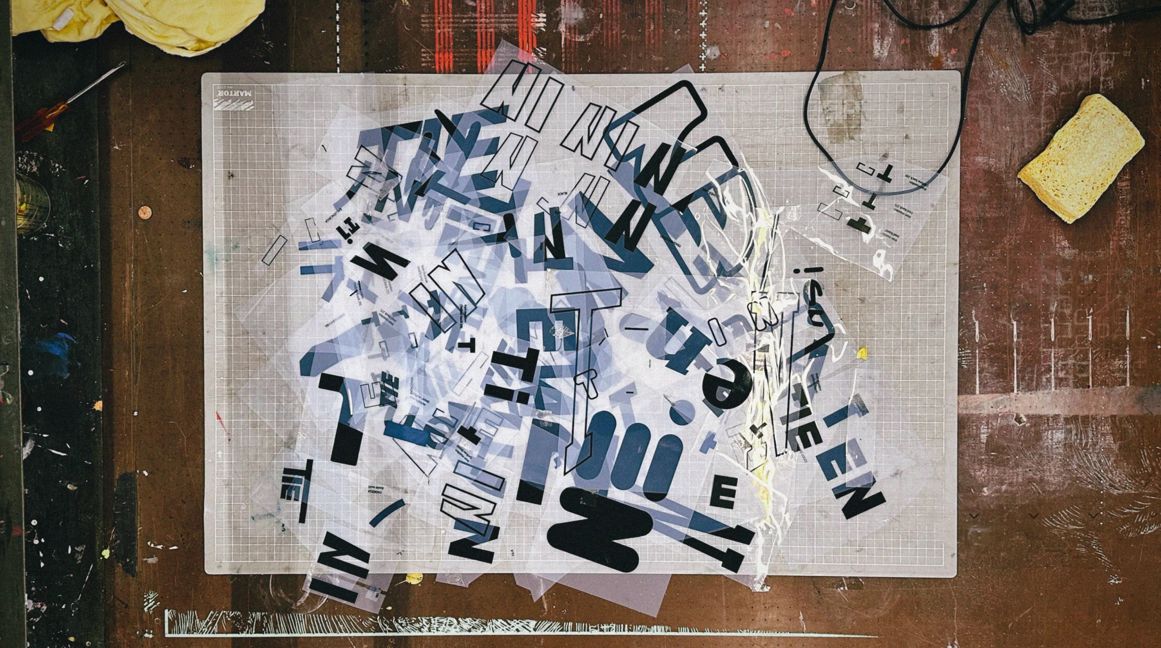 Behind the scenes shot of silkscreen acetates piled on a cutting mat, covered in T, I, E and N letterforms cut from existing brand logos in various sizes and styles.